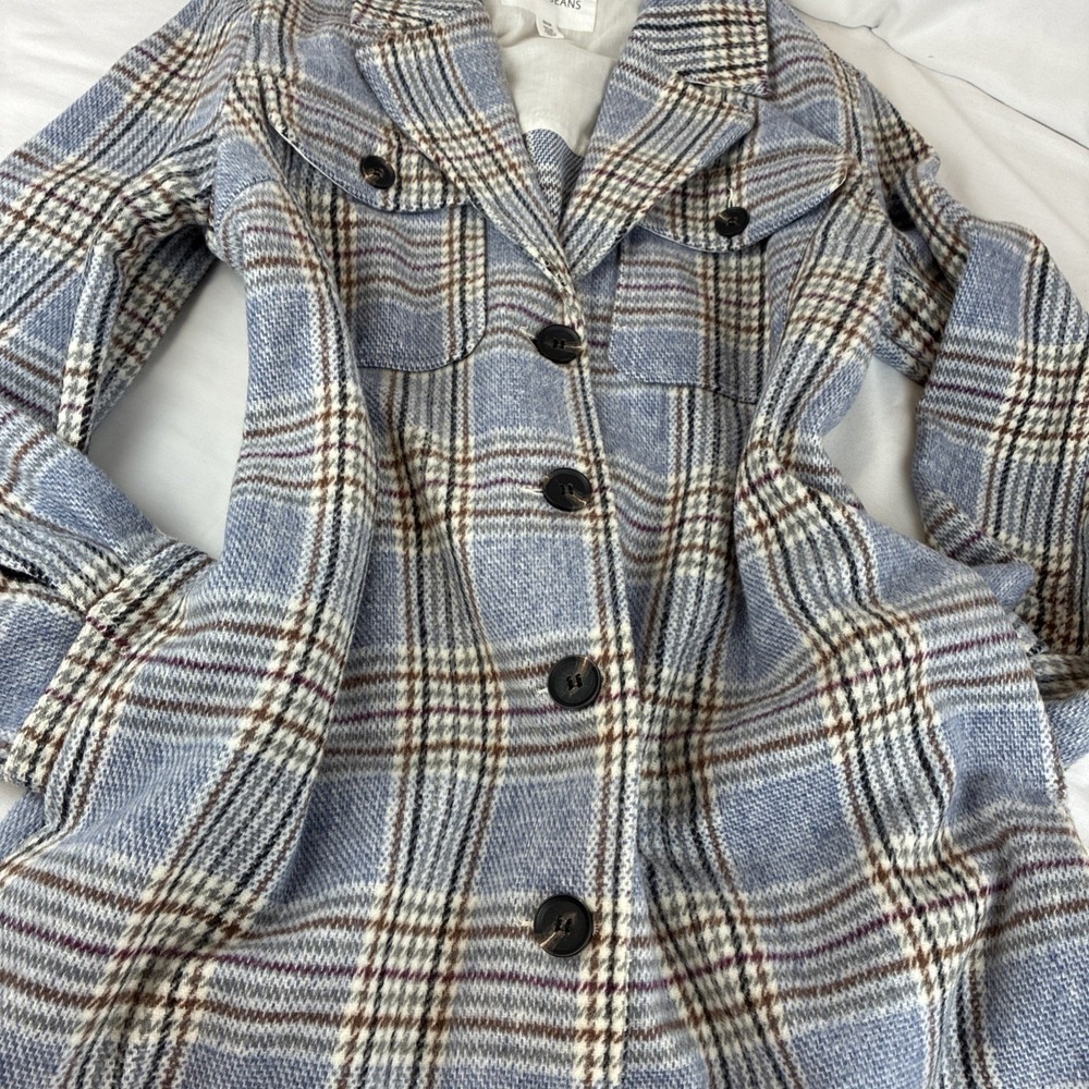 Tribal Jeans Blue Plaid Shacket Long Button Front Coat Wool Blend Size Medium